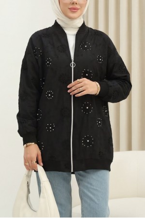 Zippered Lined Stone and Beaded Tunic -Black