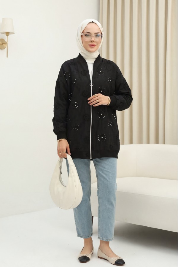 Zippered Lined Stone and Beaded Tunic -Black