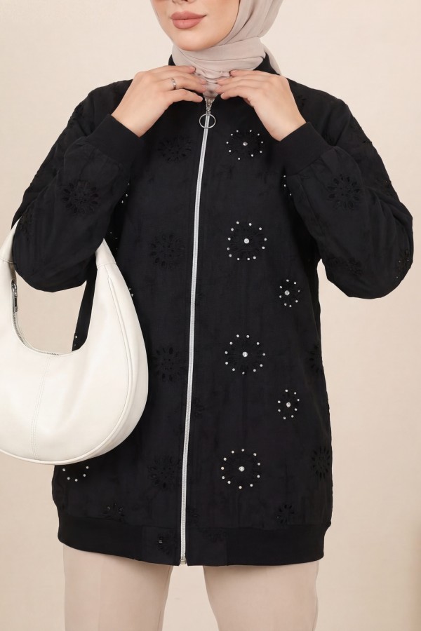 Zippered Lined Stone and Beaded Tunic -Black