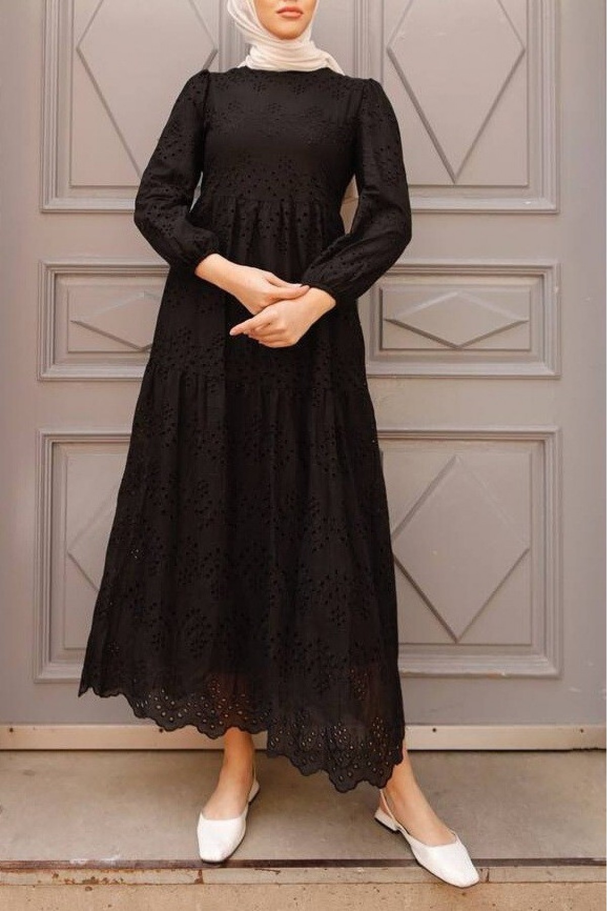 Elastic Sleeves Piece Dress   -Black