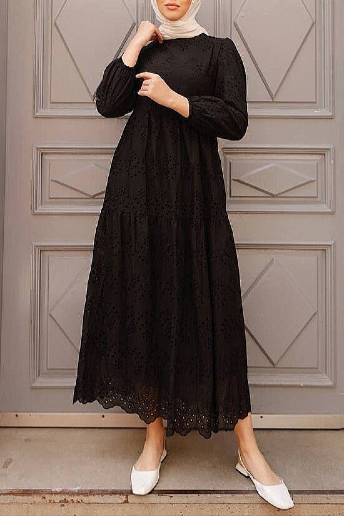 Elastic Sleeves Piece Dress   -Black