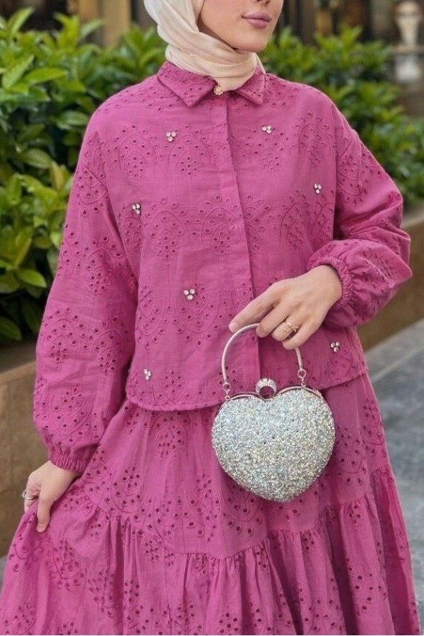 Skirted Suit with Scallop Detail  -Fuchsia