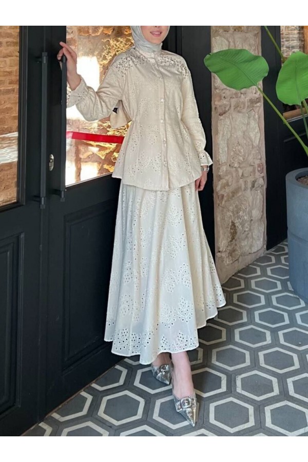 Waist Tight Shoulder Stone Detailed Scalloped Suit  - Beige