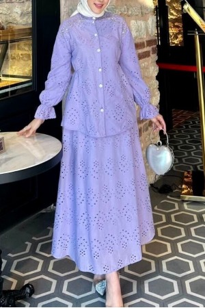 Waist Tight Shoulder Stone Detailed Scalloped Suit  -أرجواني