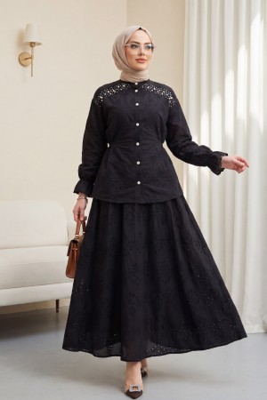 Belden Sıkmalı Omuzu Taş Detaylı Fistolu Takım  -Siyah