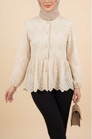 قميص بأكمام مرنة وأزرار مفتوحة -اللون البيج