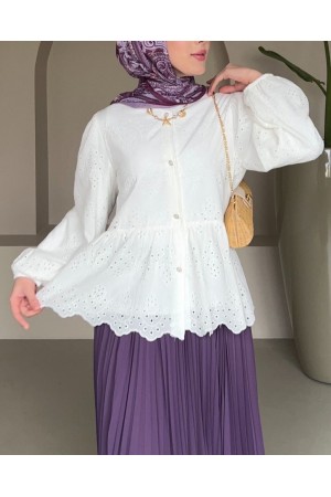 Kolu Lastikli Ajurlu Düğmeli Astarlı Gömlek -Beyaz