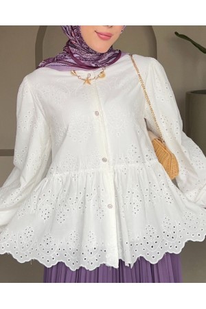 Kolu Lastikli Ajurlu Düğmeli Astarlı Gömlek -Beyaz