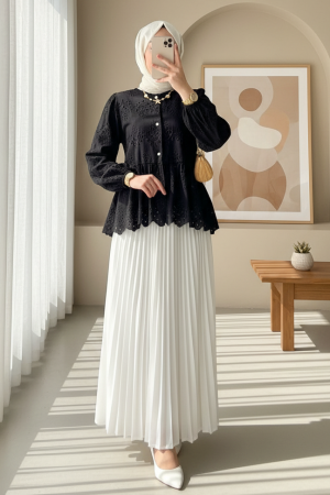 Kolu Lastikli Ajurlu Düğmeli Astarlı Gömlek -Siyah