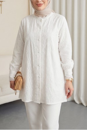 Yakası Ve Kolu Dantelli Top Düğmeli Astarlı Gömlek -Beyaz