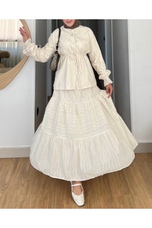 Önü Düğmeli Beli Bağcıklı Kolu Lastikli Etekli Dantelli Takım -Bej