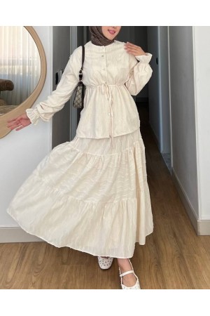 Önü Düğmeli Beli Bağcıklı Kolu Lastikli Etekli Dantelli Takım -Bej