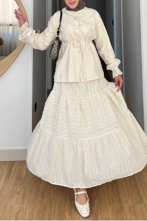 Buttoned Front, Tied Waist, Elastic Sleeves, Lace Skirted Suit - Beige