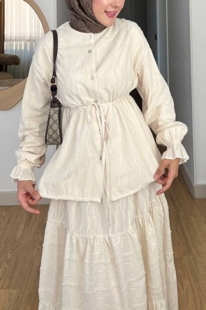 Buttoned Front, Tied Waist, Elastic Sleeves, Lace Skirted Suit - Beige