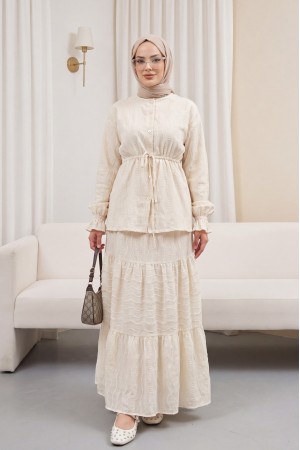 Buttoned Front, Tied Waist, Elastic Sleeves, Lace Skirted Suit - Beige