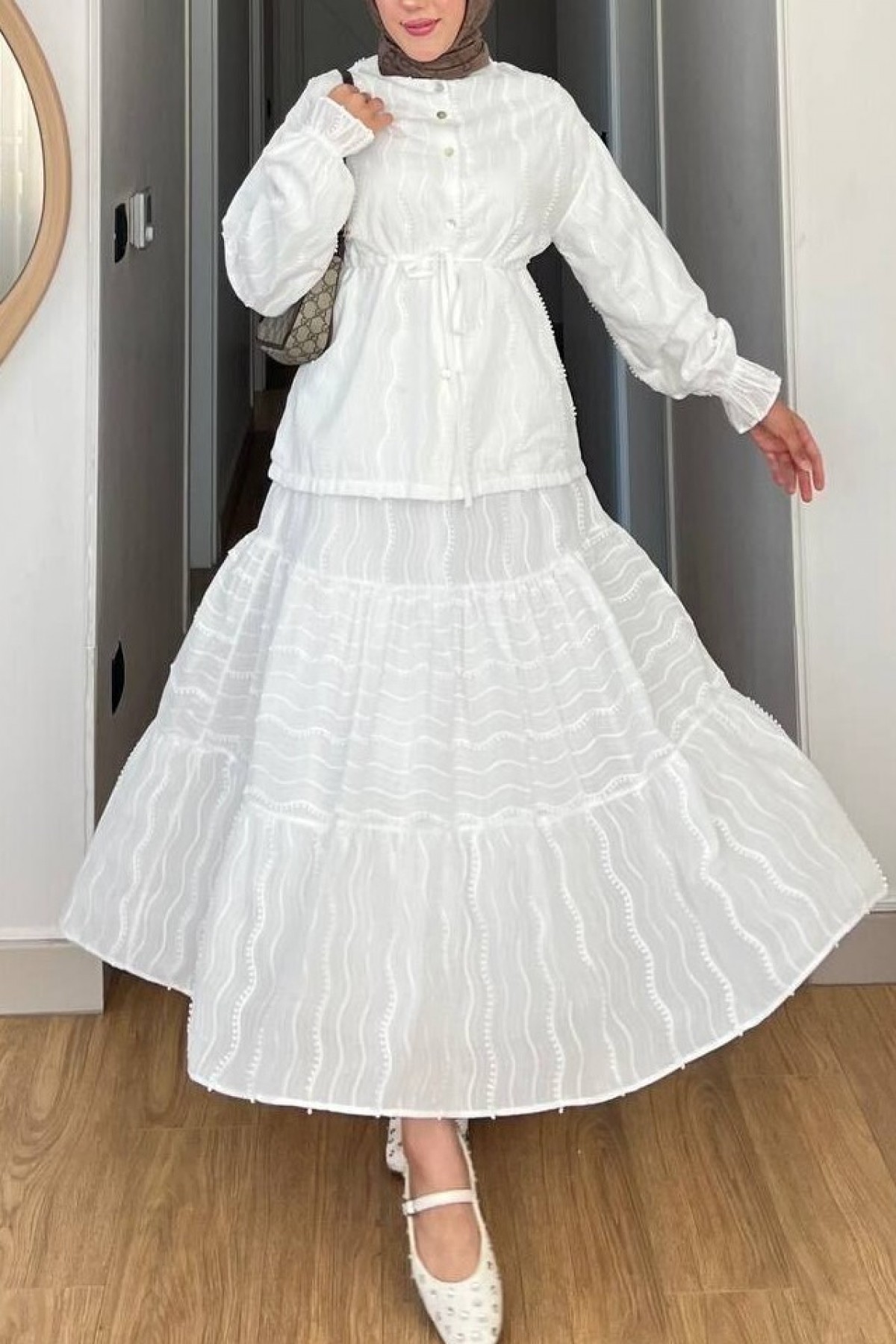 Buttoned Front, Tied Waist, Elastic Sleeves, Lace Skirted Suit -White
