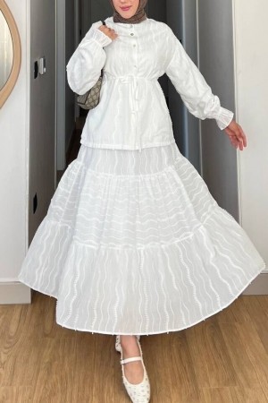 Buttoned Front, Tied Waist, Elastic Sleeves, Lace Skirted Suit -White