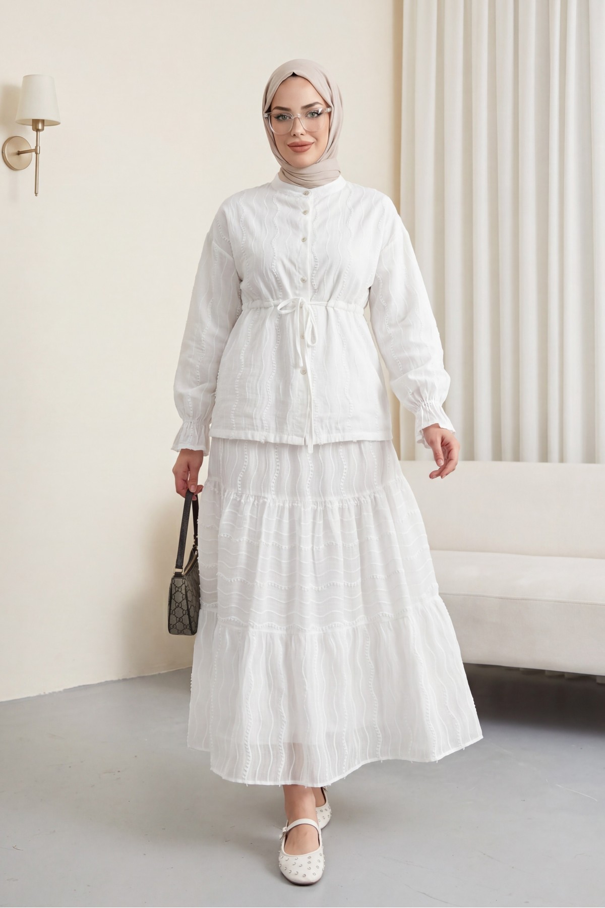 Buttoned Front, Tied Waist, Elastic Sleeves, Lace Skirted Suit -White