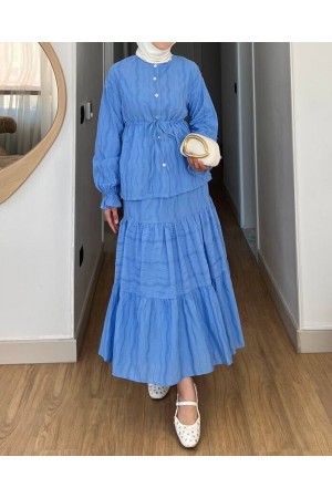 Buttoned Front, Tied Waist, Elastic Sleeves, Lace Skirted Suit -Blue