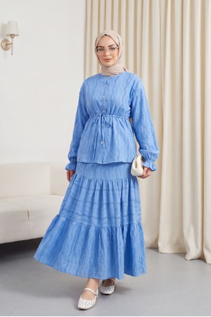 Buttoned Front, Tied Waist, Elastic Sleeves, Lace Skirted Suit -Blue