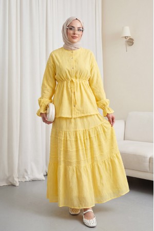 Buttoned Front, Tied Waist, Elastic Sleeves, Lace Skirted Suit -Yellow
