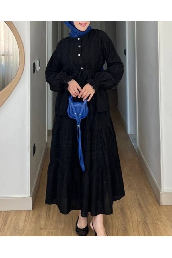 Buttoned Front, Tied Waist, Elastic Sleeves, Lace Skirted Suit -Black