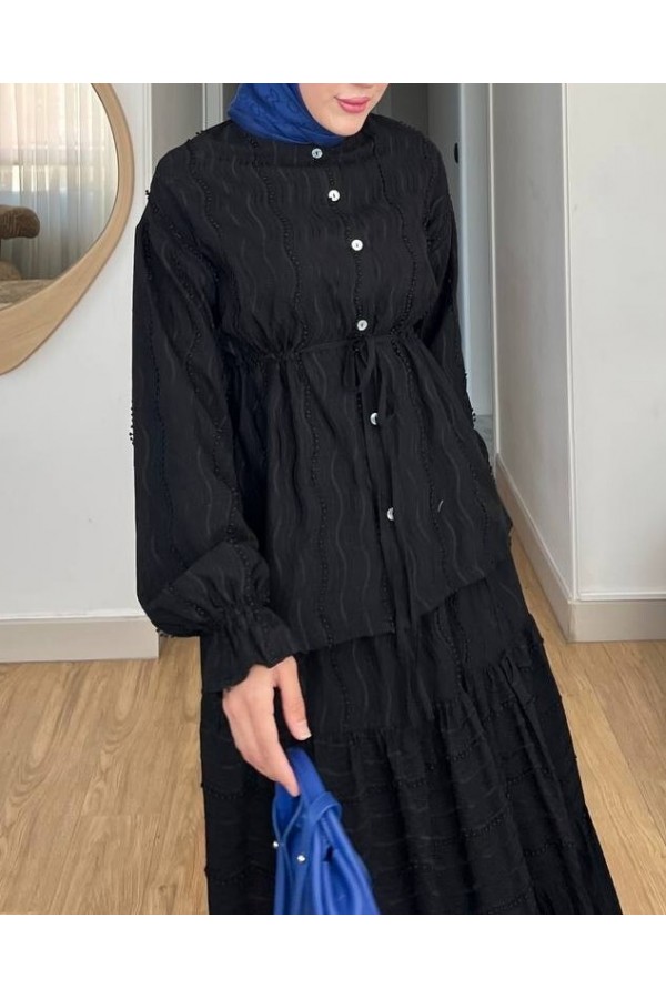 Buttoned Front, Tied Waist, Elastic Sleeves, Lace Skirted Suit -Black