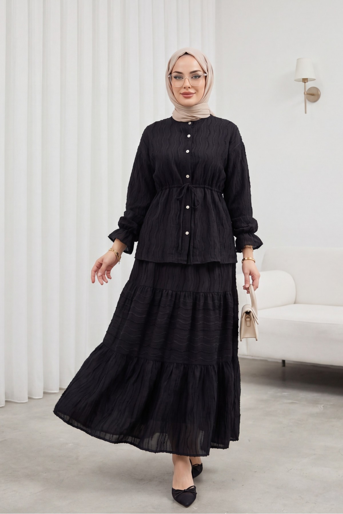 Buttoned Front, Tied Waist, Elastic Sleeves, Lace Skirted Suit -Black