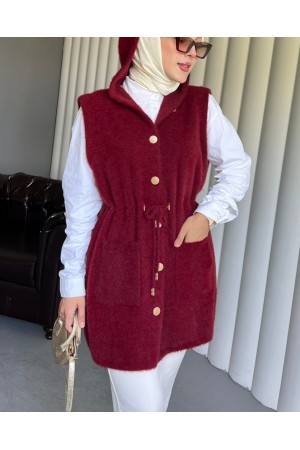Kapşonlu Cepli Beli Bağlamalı Sakallı Yelek -Bordo