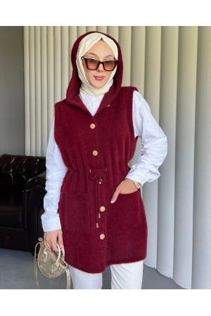 Kapşonlu Cepli Beli Bağlamalı Sakallı Yelek -Bordo