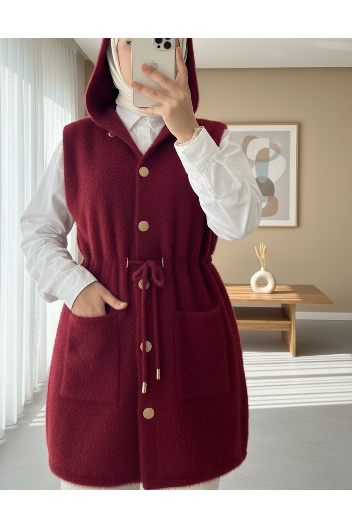 Hooded Pocket Waist Tie Bearded Vest -Maroon