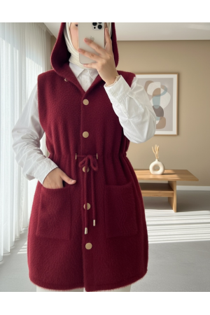 Kapşonlu Cepli Beli Bağlamalı Sakallı Yelek -Bordo