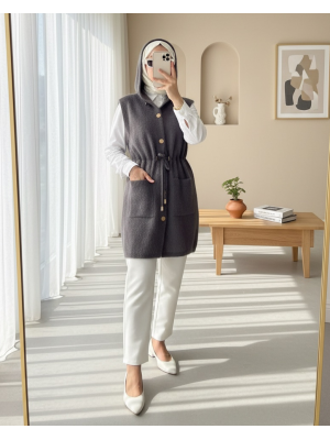 Kapşonlu Cepli Beli Bağlamalı Sakallı Yelek -Füme