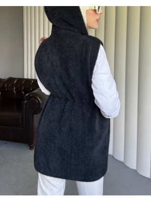 Kapşonlu Cepli Beli Bağlamalı Sakallı Yelek -Siyah