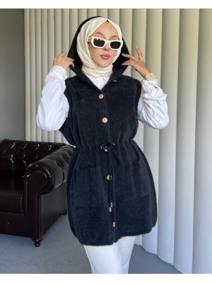 Kapşonlu Cepli Beli Bağlamalı Sakallı Yelek -Siyah