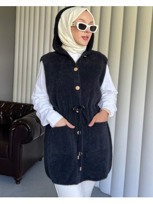 Kapşonlu Cepli Beli Bağlamalı Sakallı Yelek -Siyah