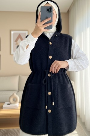 Kapşonlu Cepli Beli Bağlamalı Sakallı Yelek -Siyah