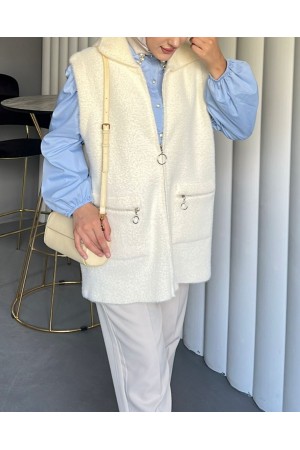 Önü Fermuarlı Torba Cepli Sakallı Yelek -Beyaz