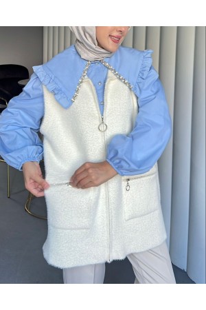 Önü Fermuarlı Torba Cepli Sakallı Yelek -Beyaz