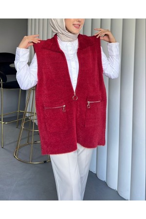Önü Fermuarlı Torba Cepli Sakallı Yelek -Kırmızı