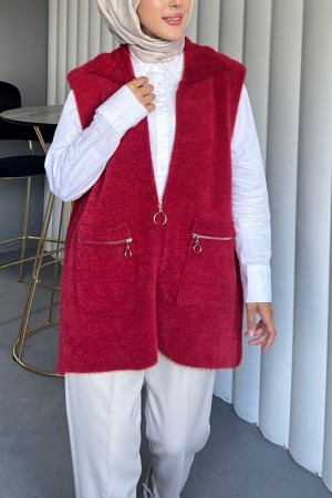 Önü Fermuarlı Torba Cepli Sakallı Yelek -Kırmızı