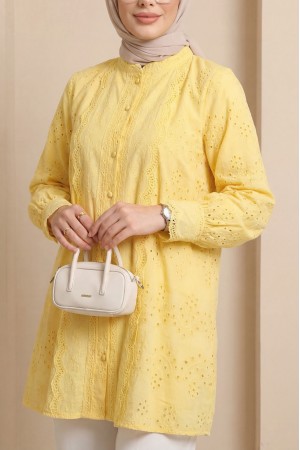 Yakası Ve Kolu Dantelli Top Düğmeli Astarlı Gömlek  -Sarı