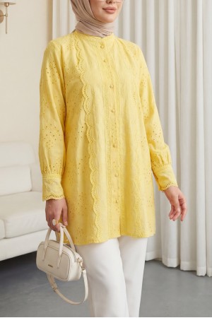 Yakası Ve Kolu Dantelli Top Düğmeli Astarlı Gömlek  -Sarı