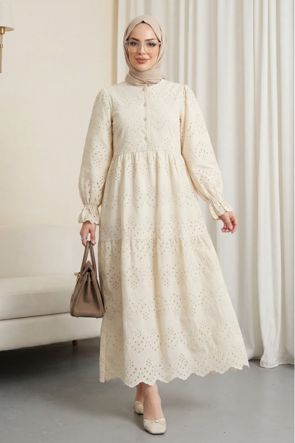 Half-Buttoned Lace Detail Waist Dress - Beige