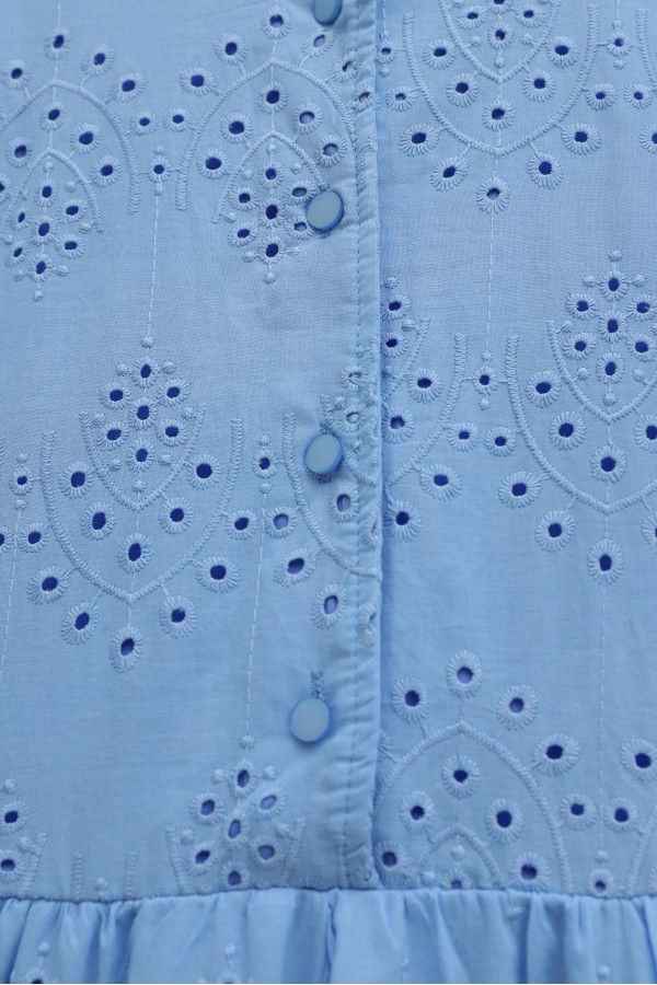Half-Buttoned Lace Detail Waist Dress -Blue