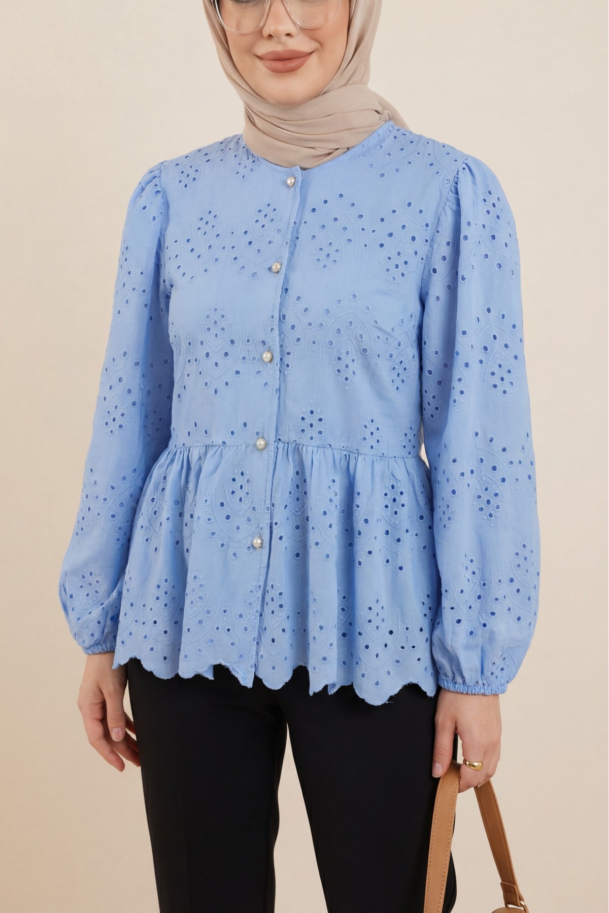Elastic Sleeve Openwork Buttoned Lined Shirt  -Blue