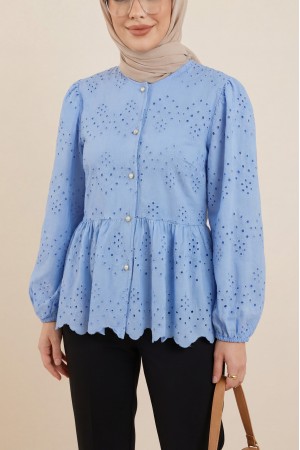 Kolu Lastikli Ajurlu Düğmeli Astarlı Gömlek  -Mavi