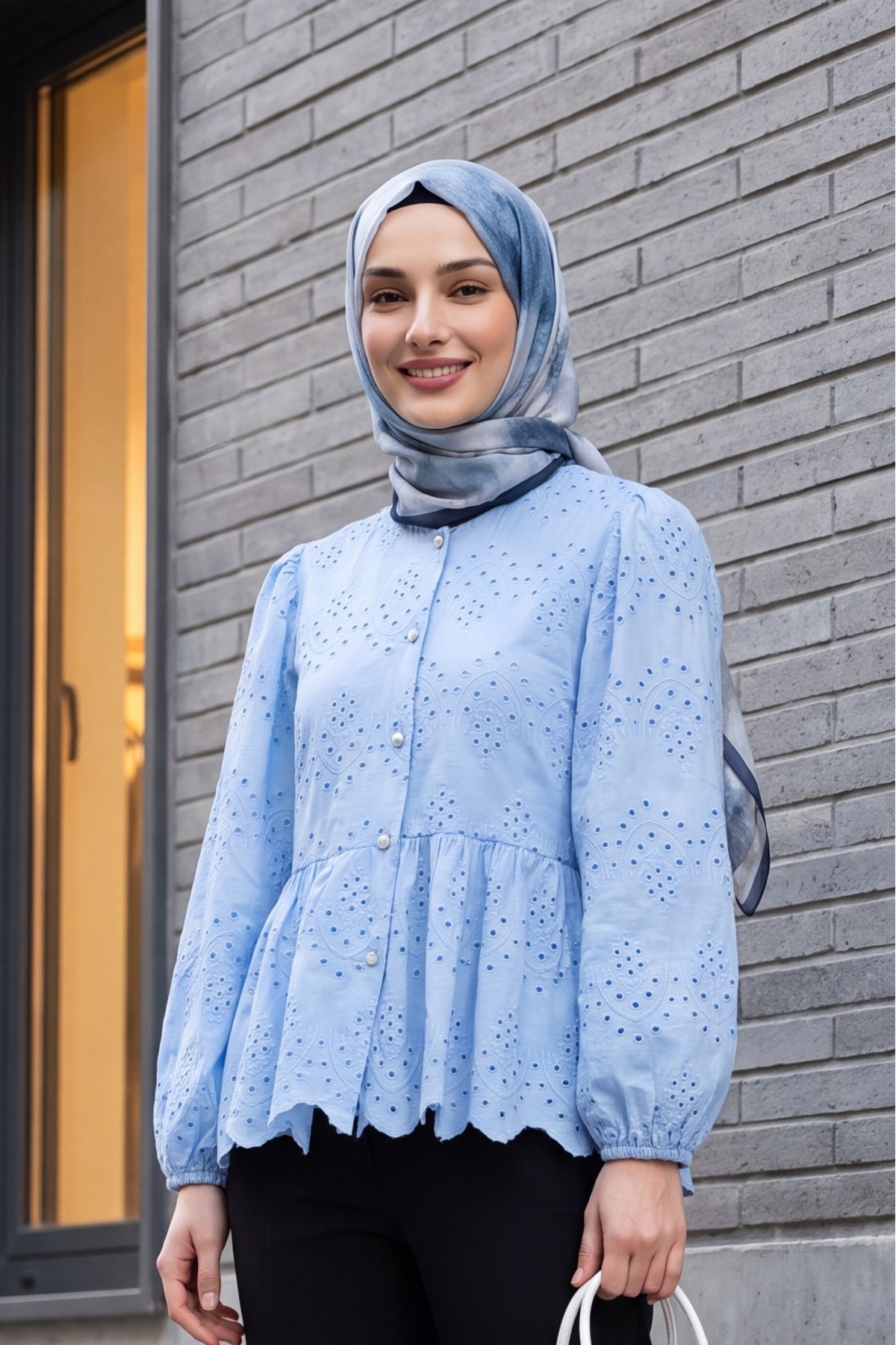 Elastic Sleeve Openwork Buttoned Lined Shirt  -Blue