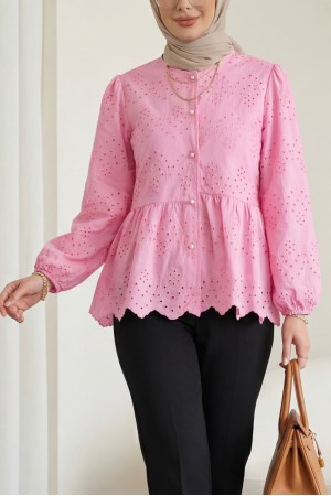 Kolu Lastikli Ajurlu Düğmeli Astarlı Gömlek  -Pembe