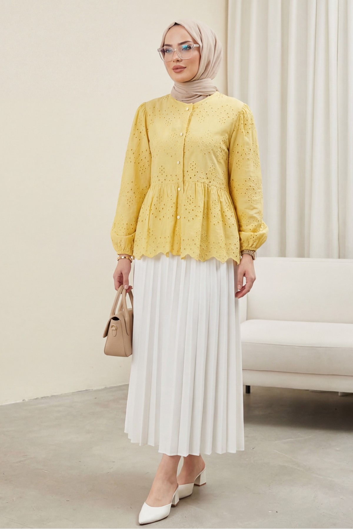 Elastic Sleeve Openwork Buttoned Lined Shirt  -Yellow
